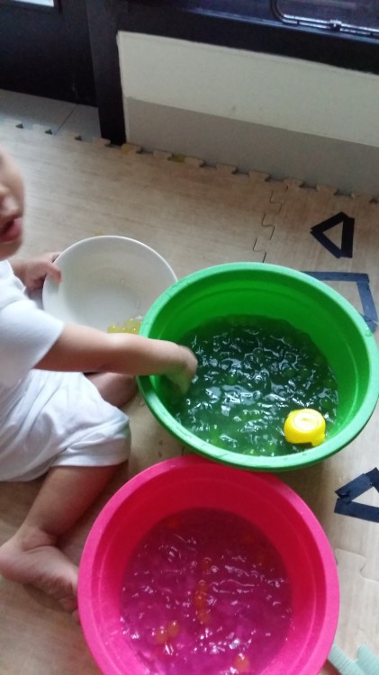 15 months old - sensory play with water beads. Learning how to transfer slippery beads.